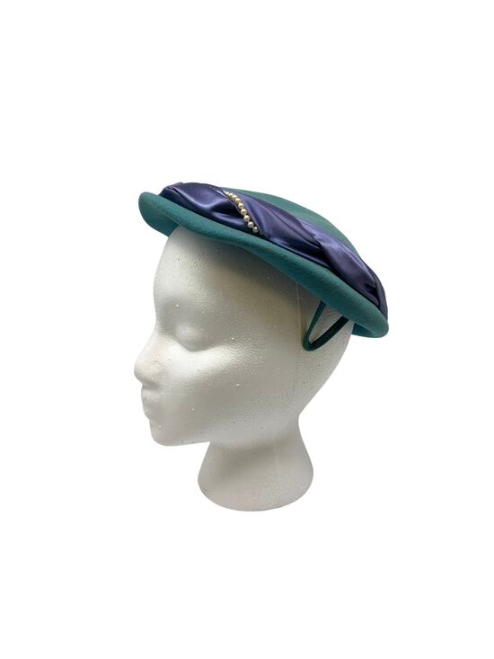Glenover Henry Pollak Teal Blue Felt Hat Purple Ribbon Trim Vintage 1950s Cloche main image 8